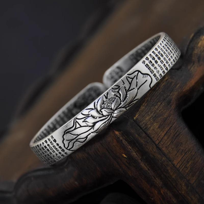 Thai Silver Heart Sutra Lotus Jackfruit Bracelet - Black Lotus Openwork Design