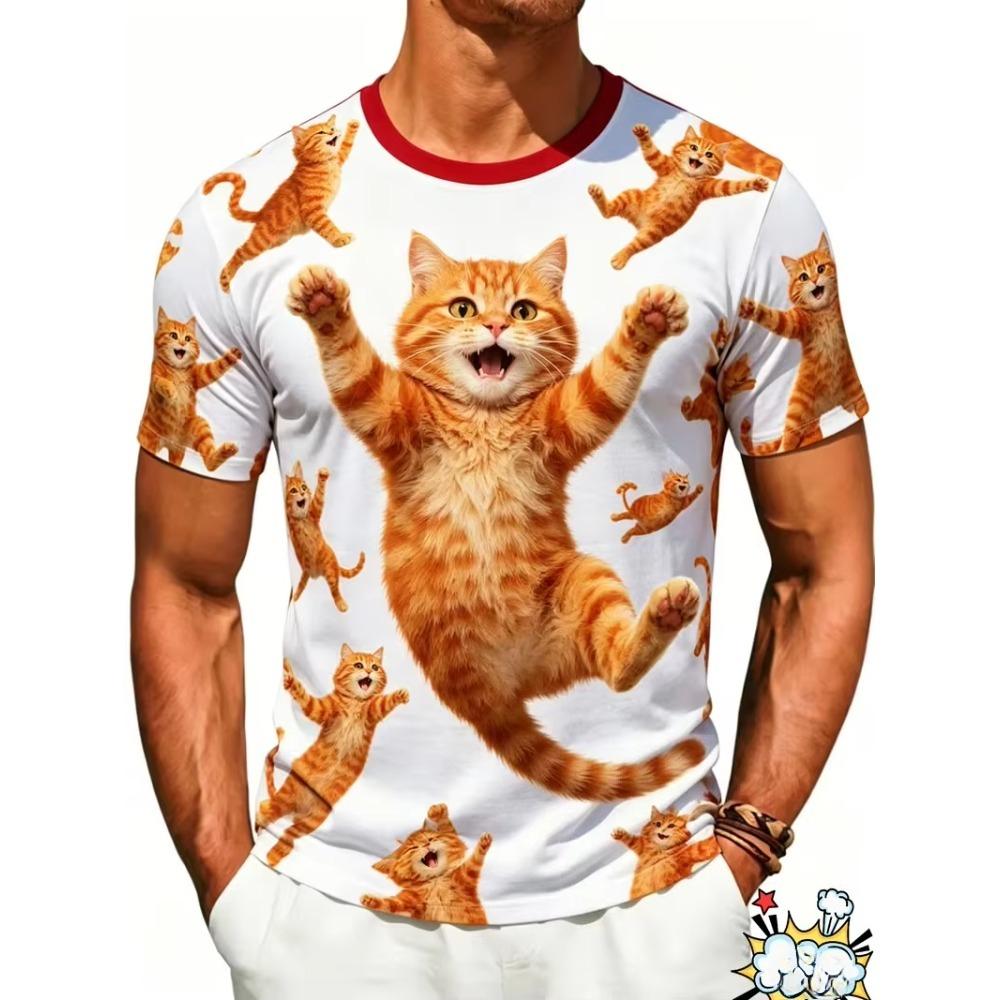 Fashionable Comfortable Summer Funny Men Cute Cat 3D Printed Short Sleeves T-Shirt Round Neck T-Shirts Breathable Casual Top Men's T-shirt