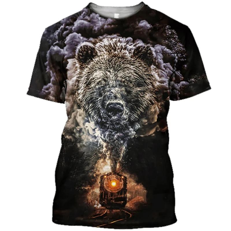 Pánské outdoorové lovecké tričko s 3D potiskem zvířete medvěda, ležérní streetwearové tričko s O-výstřihem a nadměrnou velikostí