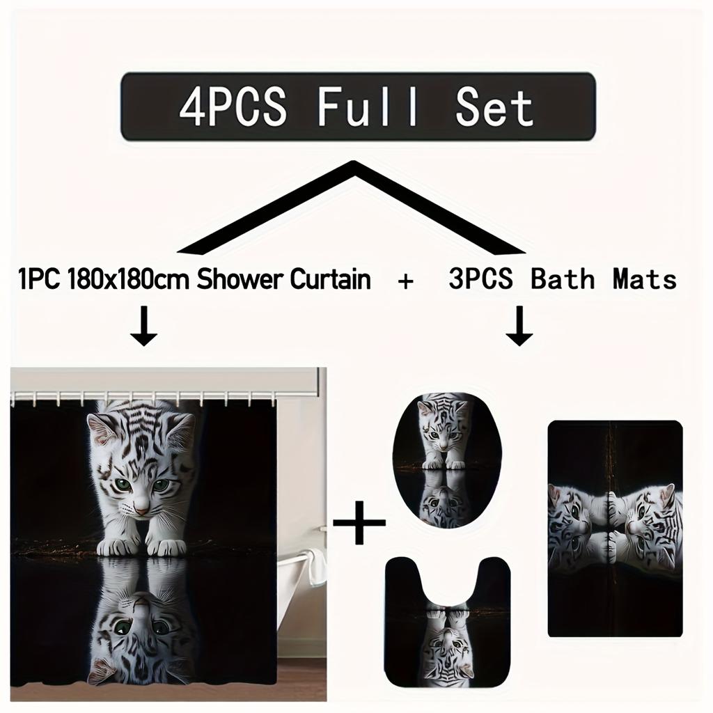 4Pcs Majestic Tiger Shower Curtain Set with Non-Slip Bath Mat, Toilet Lid Cover, Contour Rug & 12 Hooks, Bathroom Decor