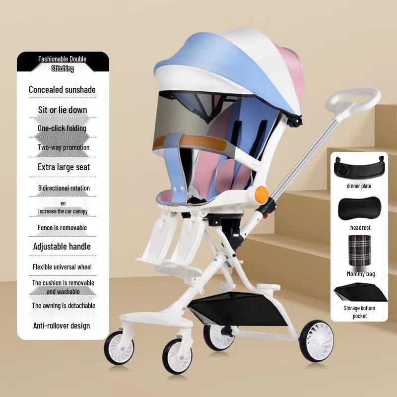 Cărucior pliabil bidirecțional cu șasiu înalt pentru bebeluș, cu patru roți