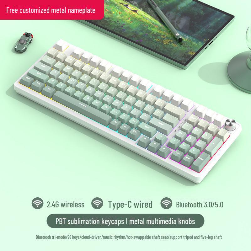 Tastatură mecanică de gaming wireless Bluetooth tri-mode cu 98 de taste și comutatoare personalizabile (Albastru, Negru, Ceai, Roșu) și design cu înlocuire la cald.