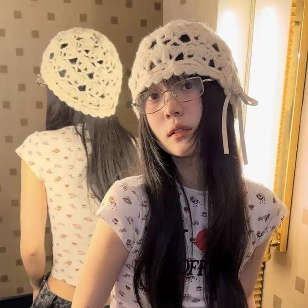 Bohemian Style Crochet Hollow Knitted Hat Bow Ethnic Style Hat Weave Cap  Apparel Accessories