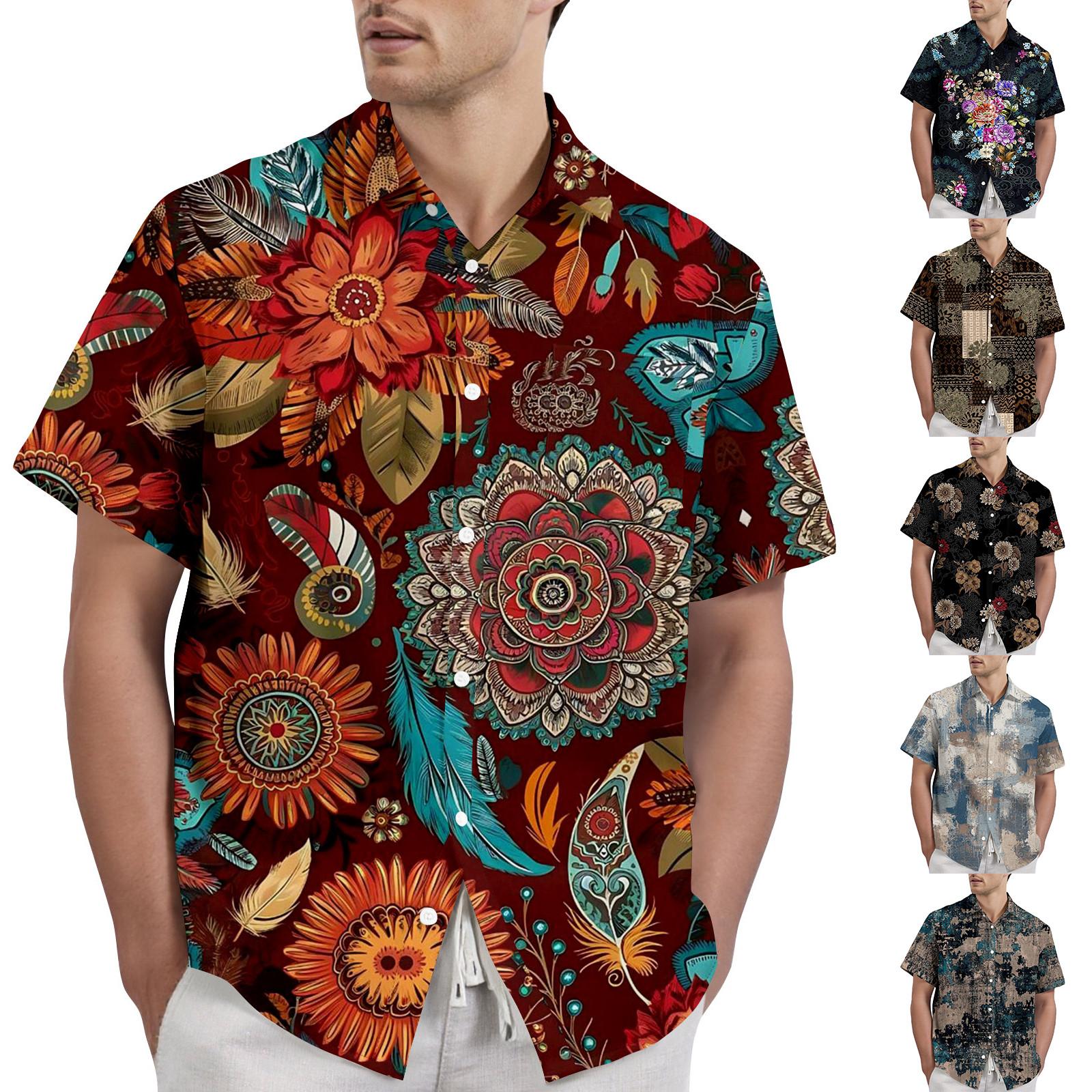 

Retro Bohemian Print - Men s Casual Short Sleeved Shirt XL Темно-синій