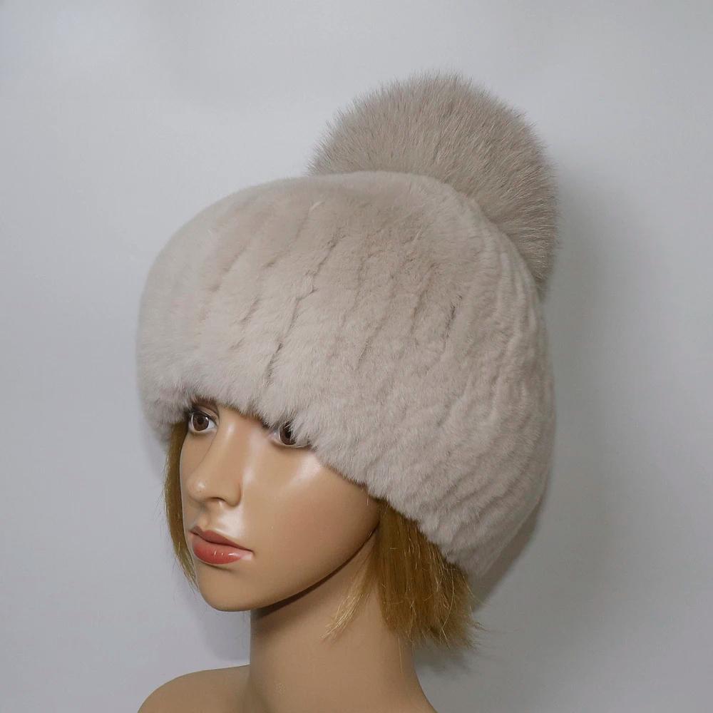 Winter Women Luxuryt Rex Rabbit Fur Hat With Fox Fur Pompoms Natural Warm Fur Hats Girls Knitted Fluffy Real Rex Rabbit Fur Caps