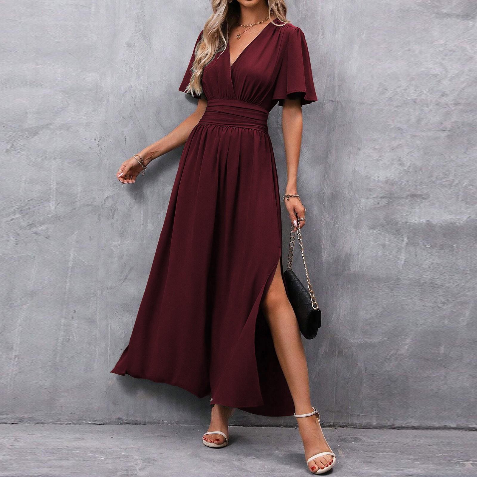 

Женское модное однотонное платье с V-образным вырезом, элегантное, с короткими рукавами, завязывающееся на талии, с высоким разрезом, длинное платье XXL винный