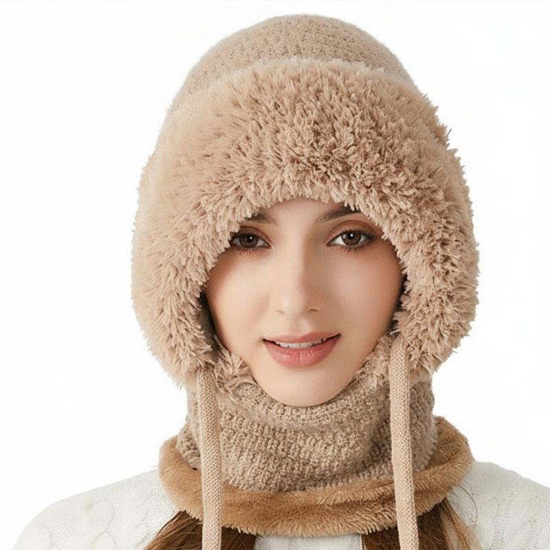Winter Outdoor Cycling Mask Hat Scarf Integrated Set Fleece Lined Knitted Beanie for Women Cold Weather Protection