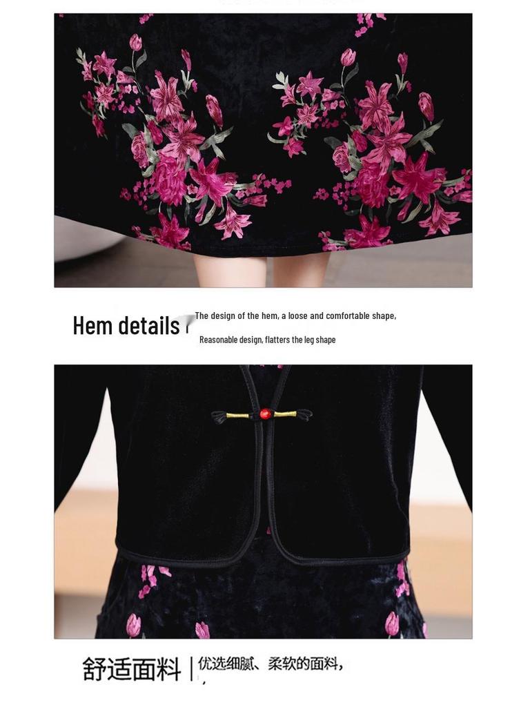 Gold Velvet Patchwork Two-Piece Dress for Middle-Aged Women - Age-Reducing and Stylish Long-Sleeved Attire for Spring and Autumn