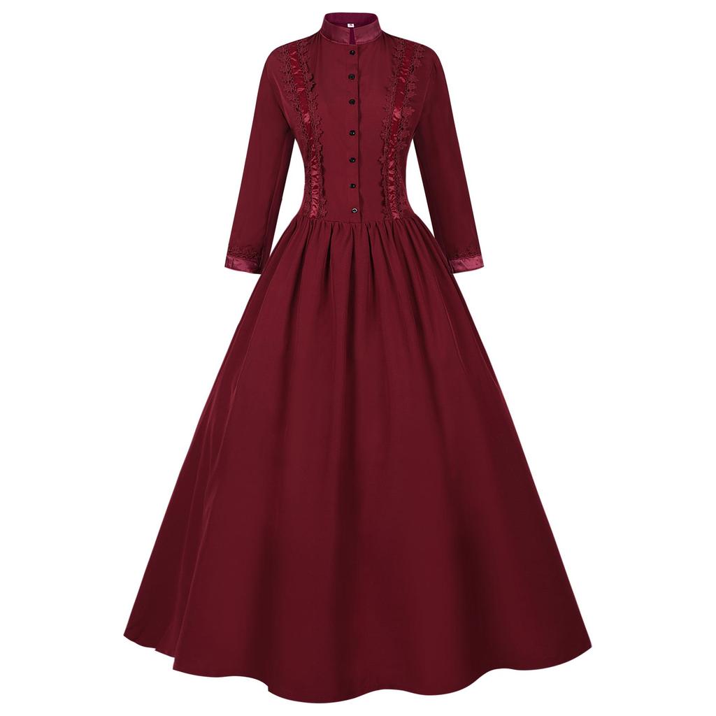 Women's Vintage Medieval Halloween Dress - Stand-Up Collar & Large Hem Skirt