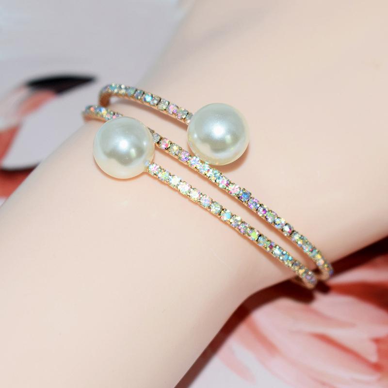 Fashion 2 Rows Imitation Pearls Rhinestone Open Bracelets Bangles Women Wedding Jewelry Party Accessries