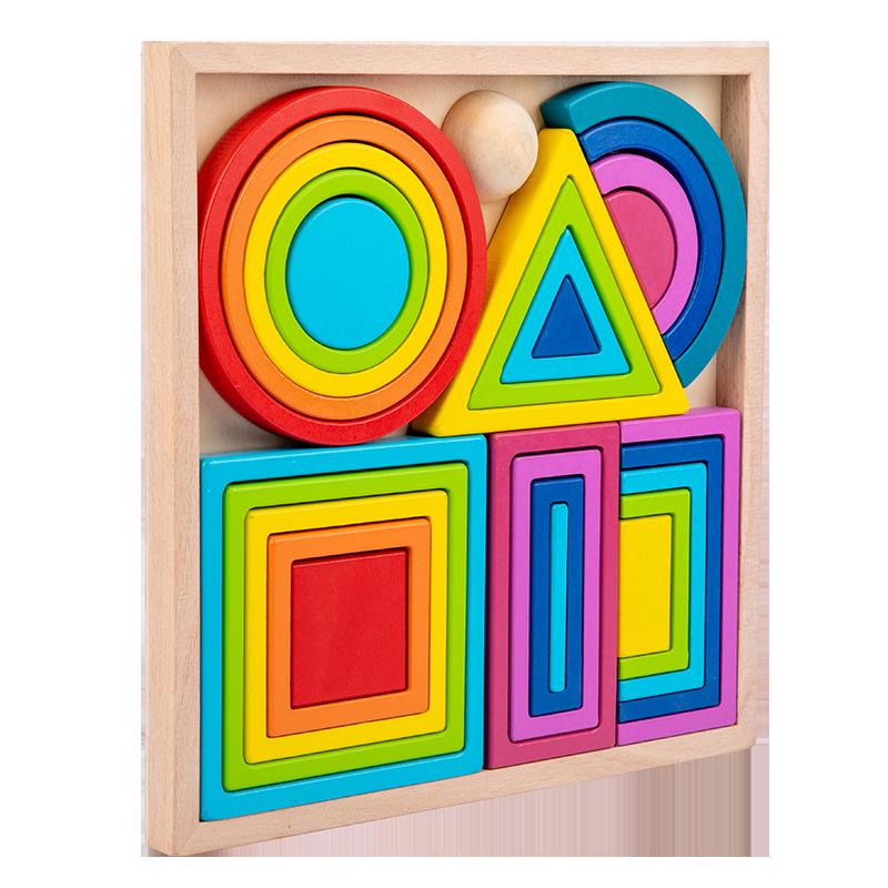 Children's Wooden Rainbow Stacking Blocks - Educational Geometric Tower Toy