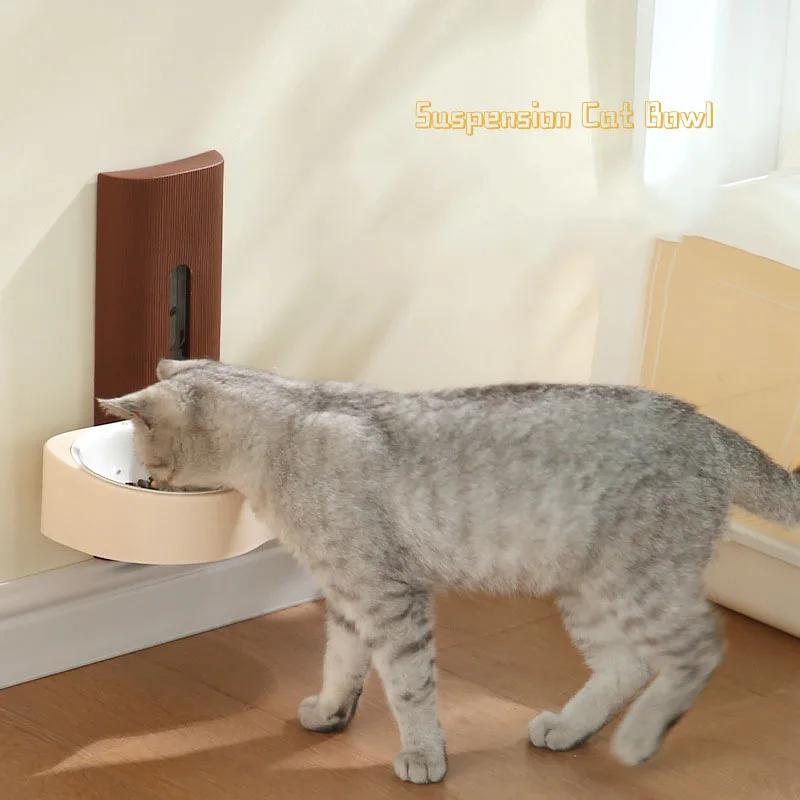 Wall-mounted Pet Double Bowl High Stainless Steel Ceramic Cat Water Dispenser Feeder Dog Bowl Adjustable Height Cat Food Basin