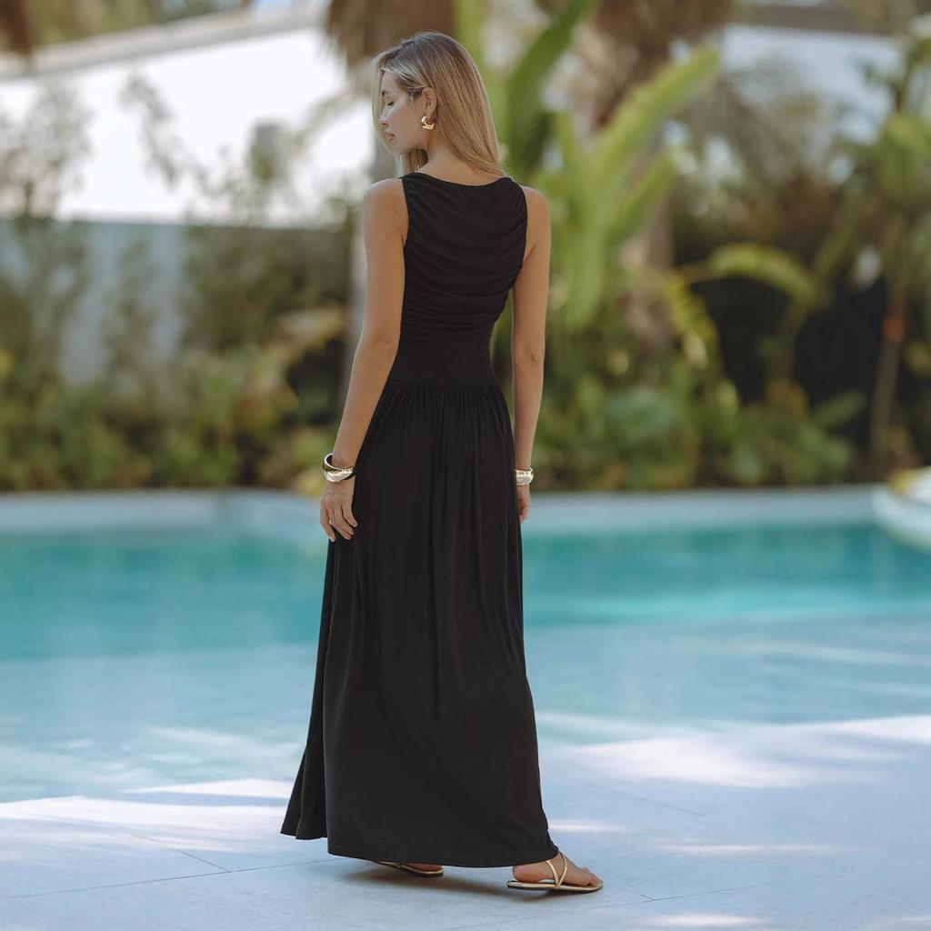 Wind Trend New Fashion Sexy Sleeveless Pleated Slim Waist Skirt Solid Color Dress Women