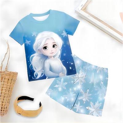 2024 Lato 4-14 lat Dzieci Dzieci Słodkie Dziewczynki 3D Księżniczka Wzór Nadruk Poliester Krótki Rękaw T-shirt I Szorty Zestawy