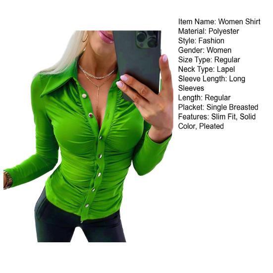 Elegante Frauen Einfarbig Hemd Revers Langarm Büro Tops Plissee einreiher Bluse Arbeitskleidung
