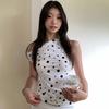 Women's Polka Dot Sleeveless Bodycon Top Slim Fit Mock Neck Casual Tee