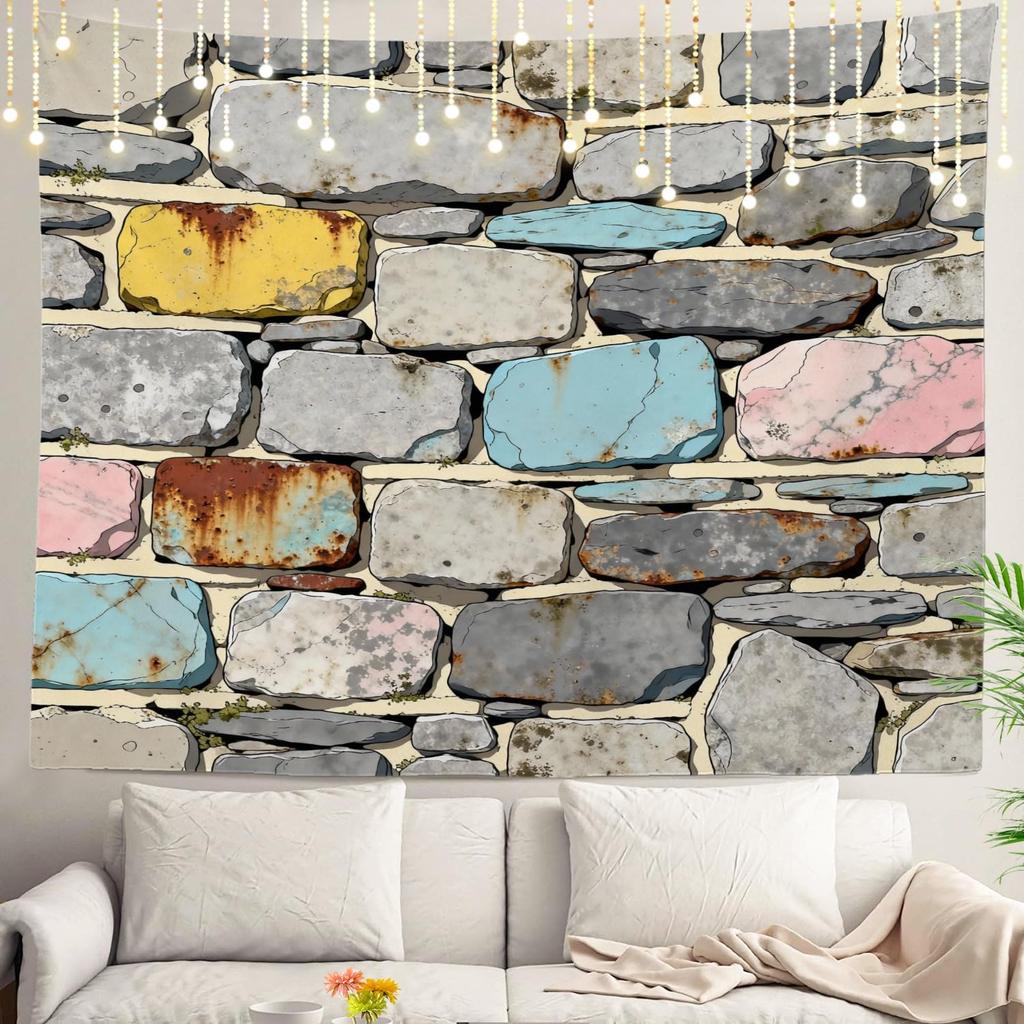 Aesthetic Rustic Stone Wall Tapestry Polyester Fabric Print Grunge Rock Stacked Natural Weathered Home Decor Wall Art Poster Des