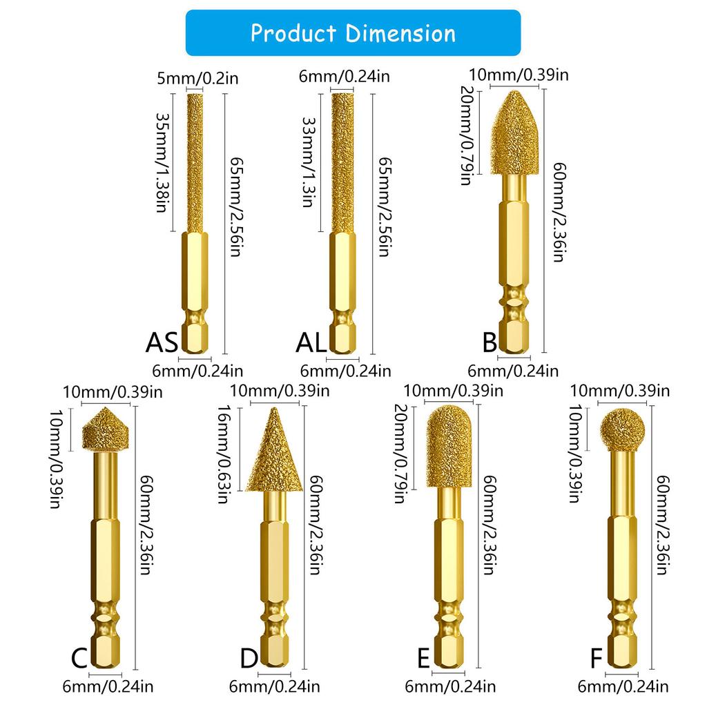 Sześciokątny trzpień Diamentowa główka szlifierska do precyzyjnego dłutowania Bit na szkle Stali nierdzewnej Kamieniu do narzędzia obrotowego