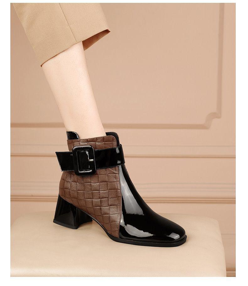 Women's Autumn/Winter Mid-Heel Square Buckle Martin Boots - Genuine Leather, Versatile Stitching, Chunky Patent Ankle Design