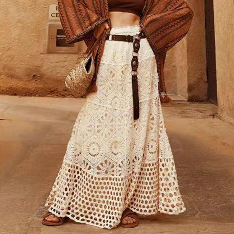 

High-Waist French Lace A-line Midi Skirt with Crochet Detail One size