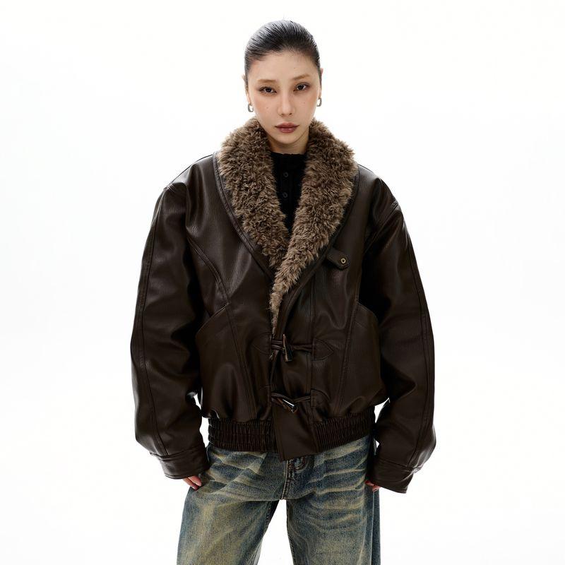 Kisko Winter American-Style Deconstructed Warm Brown Leather Jacket Cotton Coat for Men and Women, High-End Cool Loose-Fitting Jacket for Couples