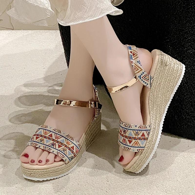 Fashion Women's Sandals Bohemian Champagne Platform Shoes for Women Fashion Buckle Wedge Sandal Summer Thick Bottom Open Toe Sandalias