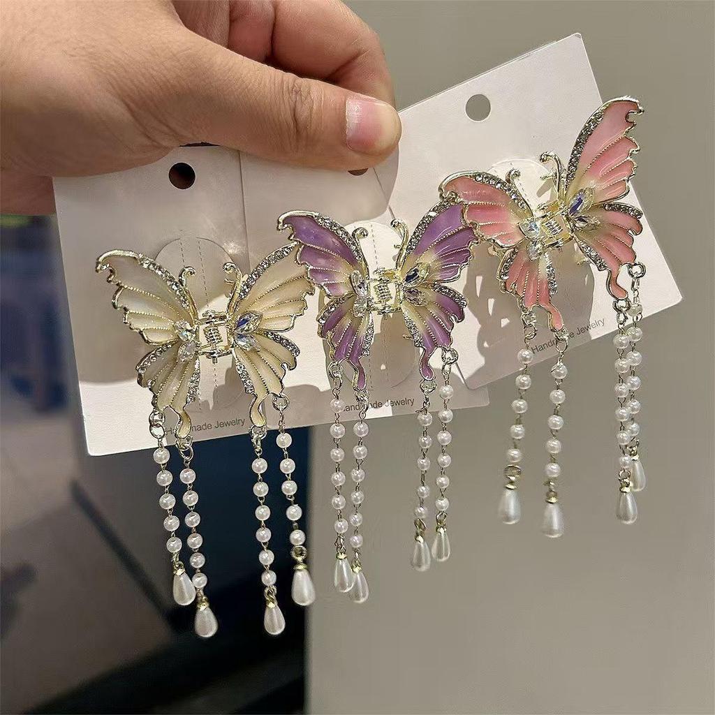 Korean Style Rhinestone Butterfly Pearl Tassel Hair Clip