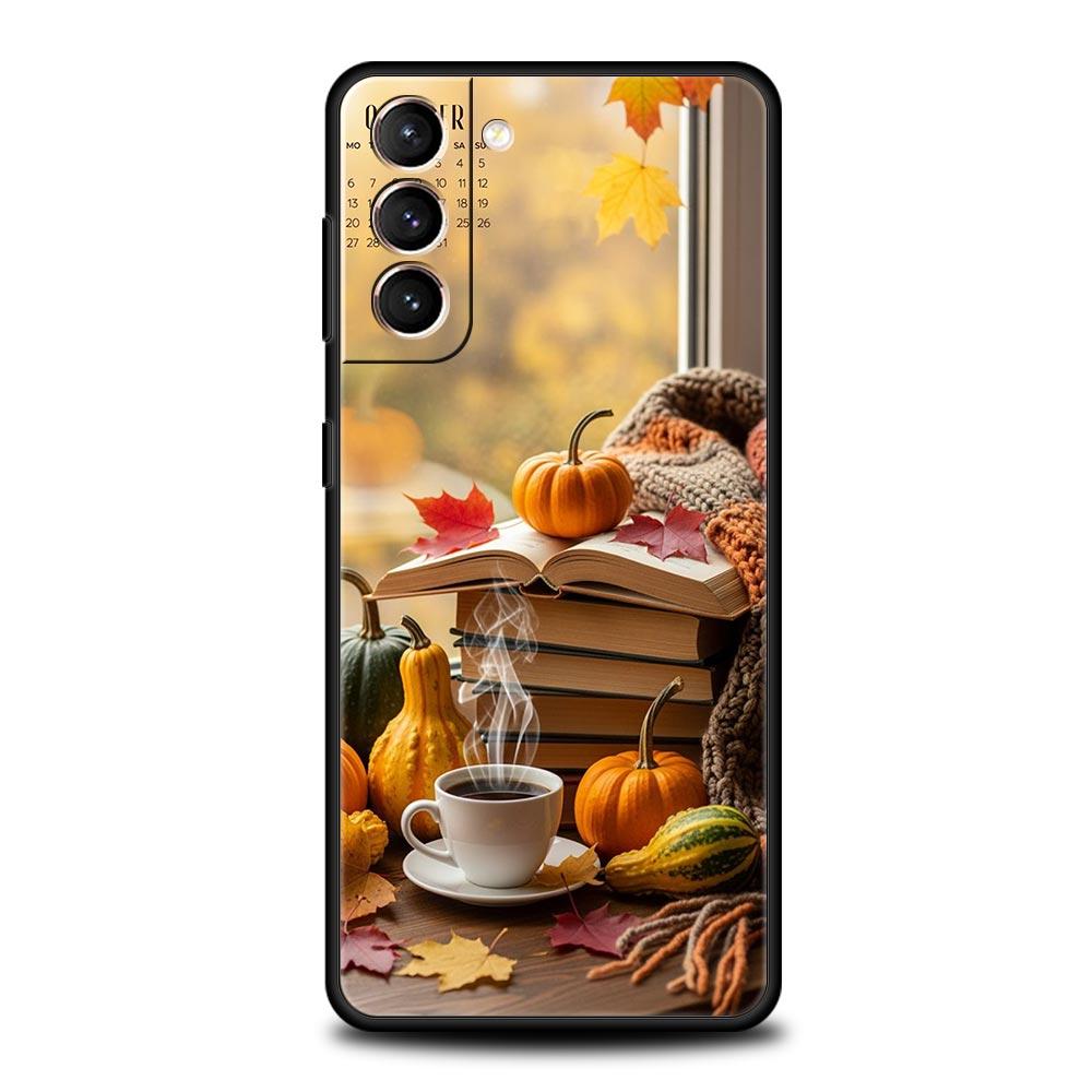 Pumpkin Autumn Leaves Coffee Phone Case for Samsung Galaxy S26 S25 S24 S23 S22 S20 S21 FE Ultra S25 Edge Plus 5G Soft TPU Cover