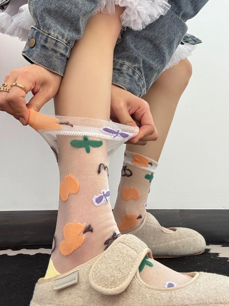 Summer Women Socks Ultra-thin Transparent Crystal Silk Socks Women Cartoon Print Japanese Kawaii Cute Funny Elastic Long Socks