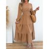 Women Elegant Solid Color Pom Pom Long Sleeve High Waist Ruffled A Line Long Dress