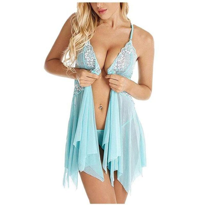 

GMXIA Кружевное Разноцветное Сексуальное и Эротическое Белье Пижама с Прозрачным Подолом и Неровным Разрезом Спереди и Посередине Платье-Халтер XXXXXXL небесно-голубой