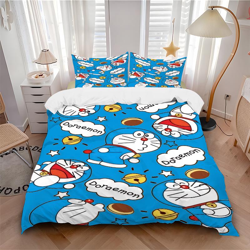 Doraemon Abenteuer Druck 3-teiliges Bettwäsche-Set Bettbezug mit 2 Kissenbezügen Zuhause Geburtstagsgeschenk
