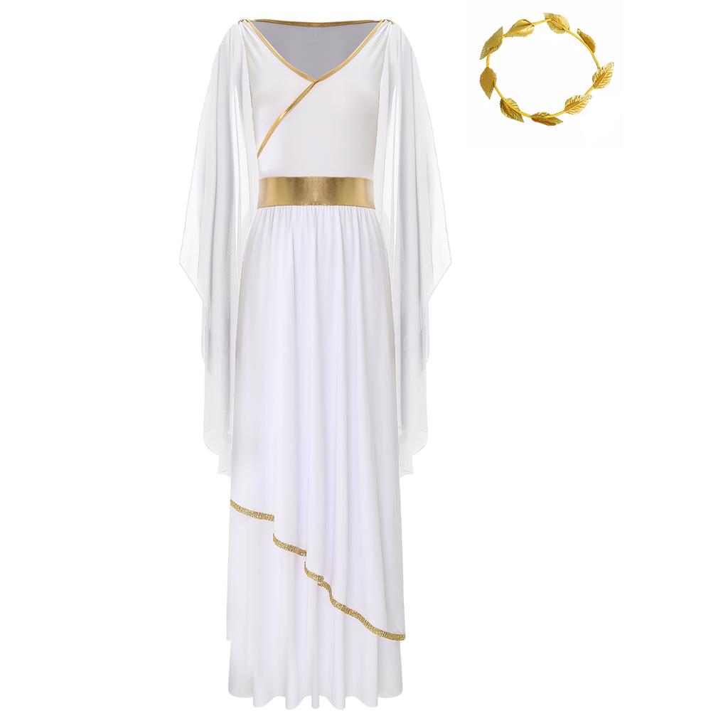 Womens Ancient Greek Roman Queen Costume V Neck Sleeveless Gold Trim Toga Dress Artificial Leaf Garland Headwear