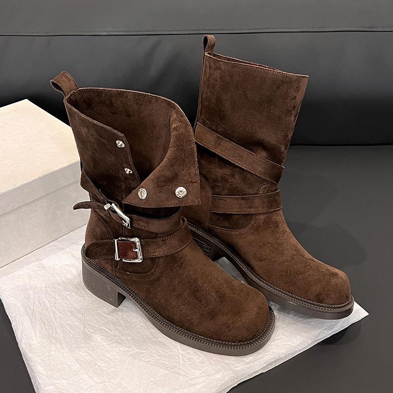 Sheepskin version~ stacking boots new versatile thick-soled heightening autumn Maillard short boots thick heel belt buckle Martin boots