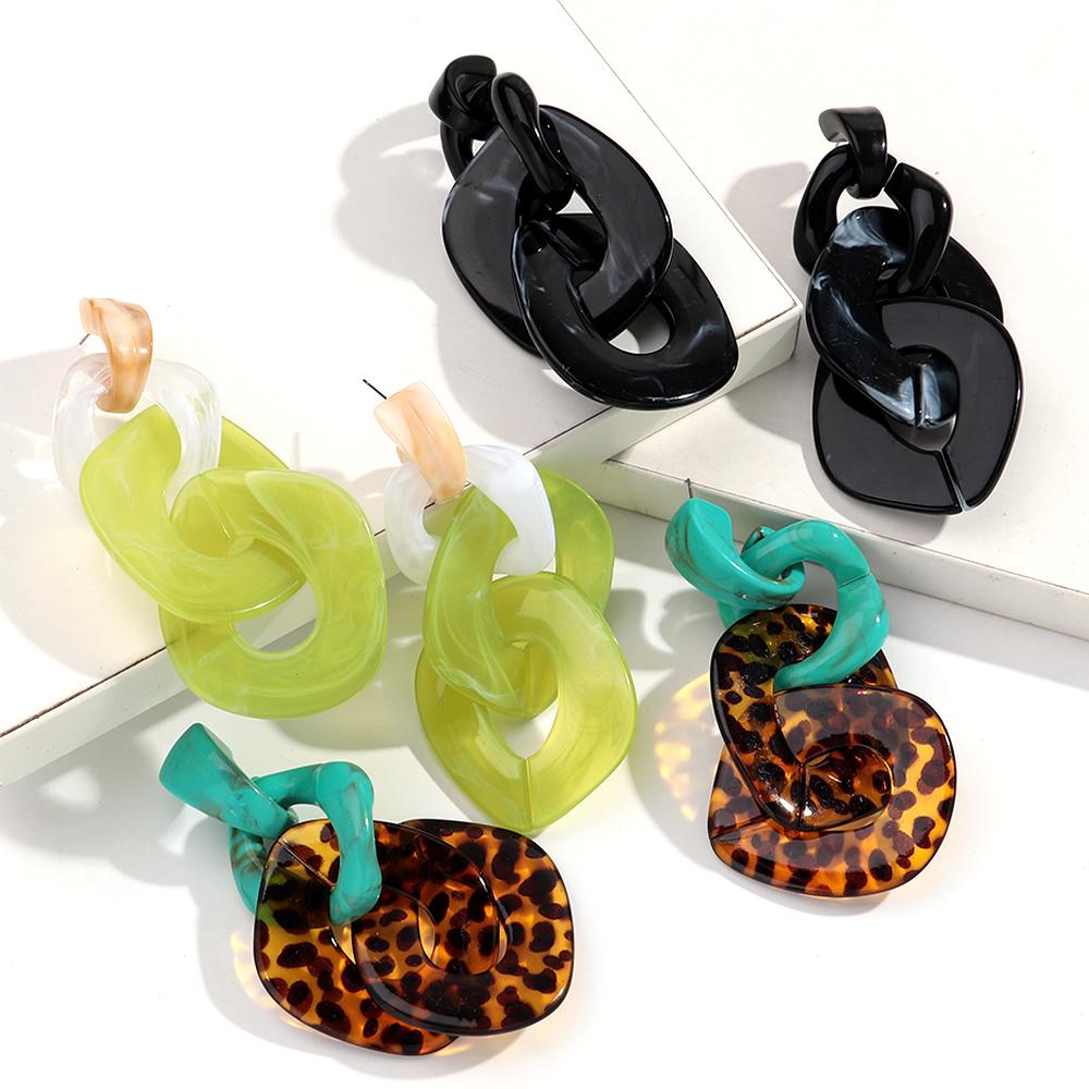 Punk Large Acrylic Rhomboid Geometric Long Earrings Leopard Dual Color Chain Dangle Earring for Women Personalized Retro Jewelry
