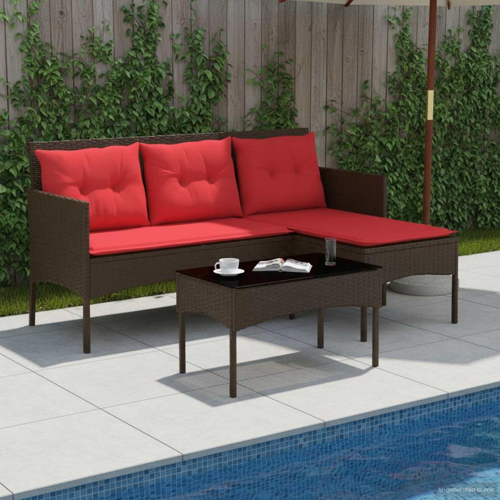 Garden Sofa Set with Cushions 2 pcs Brown and Red Poly Rattan