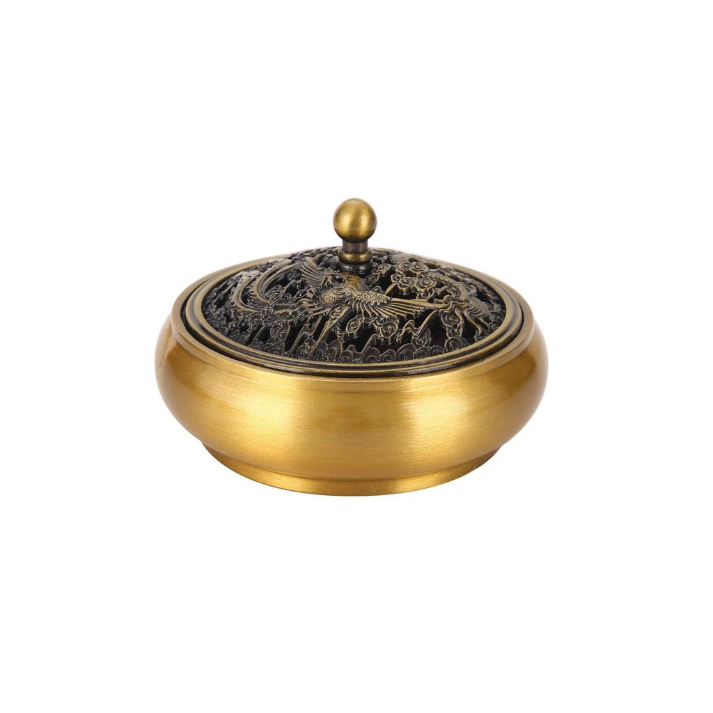 Retro Flat-Bottom Incense Burner for Coil, Sandalwood & Agarwood with Classical Golden Lotus Design, Home Décor & Ceremony Ornament