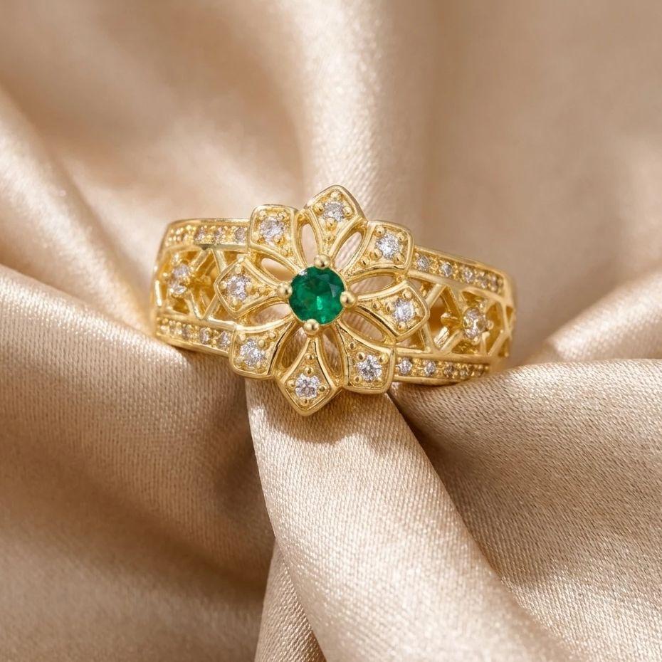 Grüne Zirkonia Hohlblumenringe für Damen Elegante Goldfarbe Geometrische CZ-Ringe Hochzeits-Jubiläums-Schmuckgeschenk