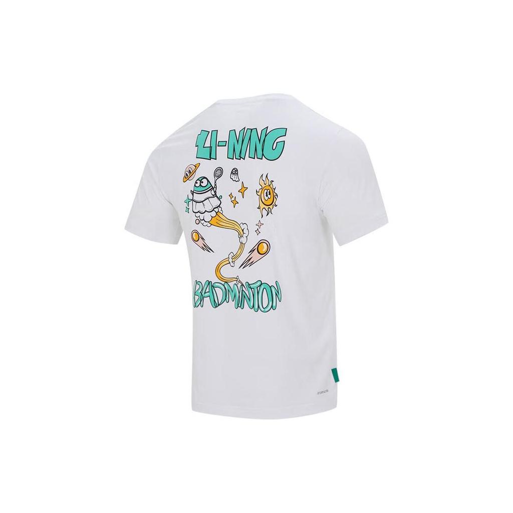 Li Ning Badminton Series Printed Letter Round Neck Pullover Short Sleeve T-Shirt Unisex Tops Standard-White AHST703-1