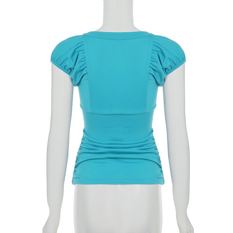 Europäischer & Amerikanischer Stil Schlank geschnittenes T-Shirt mit Puffärmeln und Knöpfen - Süßes, Würziges, Sexy Sommer Top