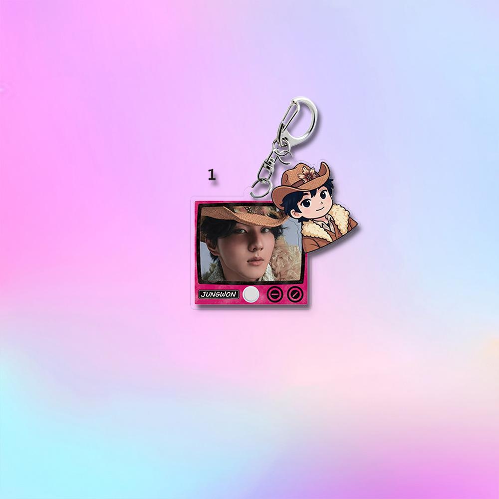 ENHYPEN Retro TV Frame Double Charms Keychain, Member Real Photo+Cowboy Cartoon Pendant, Kpop Engene Fans Collectible Bag Charm Key Ring Merchandise
