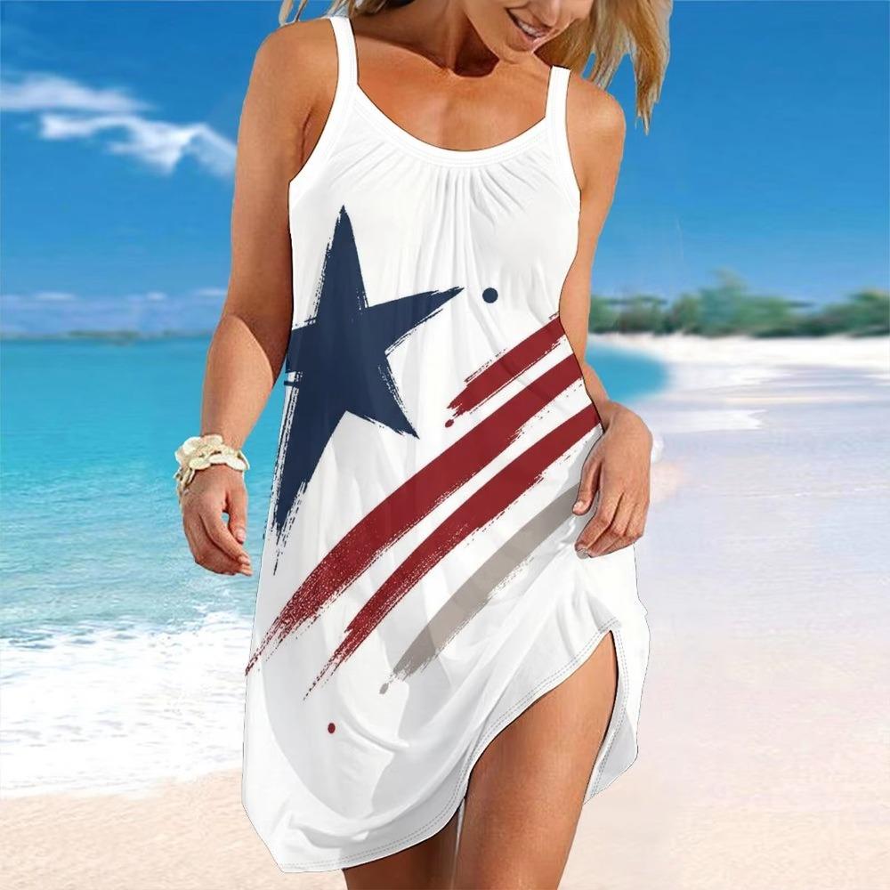Women Spaghetti Strap Beach Dress V Neck Pleated Loose Mini Dress Custom Print Ladies Vacation Cover Up Dress