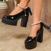 Black Patent Leather Platform Pumps Women Summer Back Bowtie High Heels Shoes Woman Pearl Ankle Strap Lolita Shoes