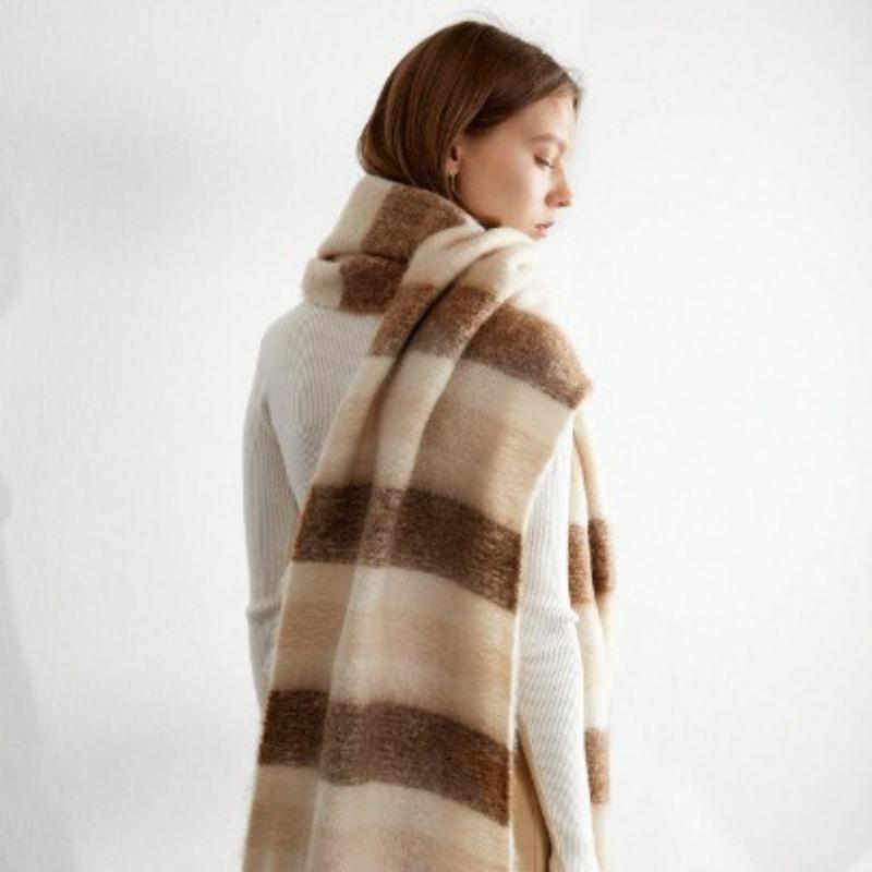 New mohair scarf winter women's high-end color matching striped couple warm thickened scarf shawl