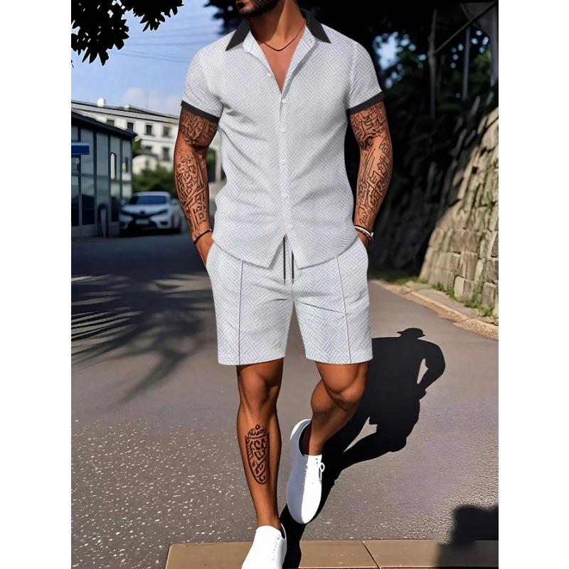 Mens Geometric Print Contrast Collar Short Sleeve Button Up Shirt And Drawstring Shorts 2 Piece Casual Set S белый