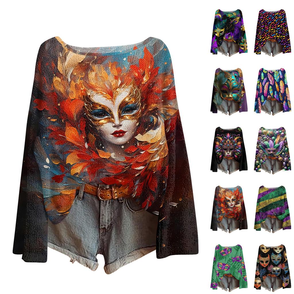 Women's Fashion Round Neck Long Sleeve Print Casual Pullover Sweater Top