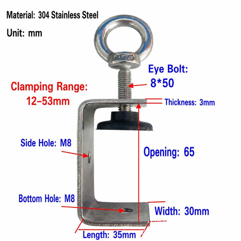 1pc 304 Stainless Steel Square Clamp Pull Ring Fixed Holder Clip C-clamp Hardware Fasteners