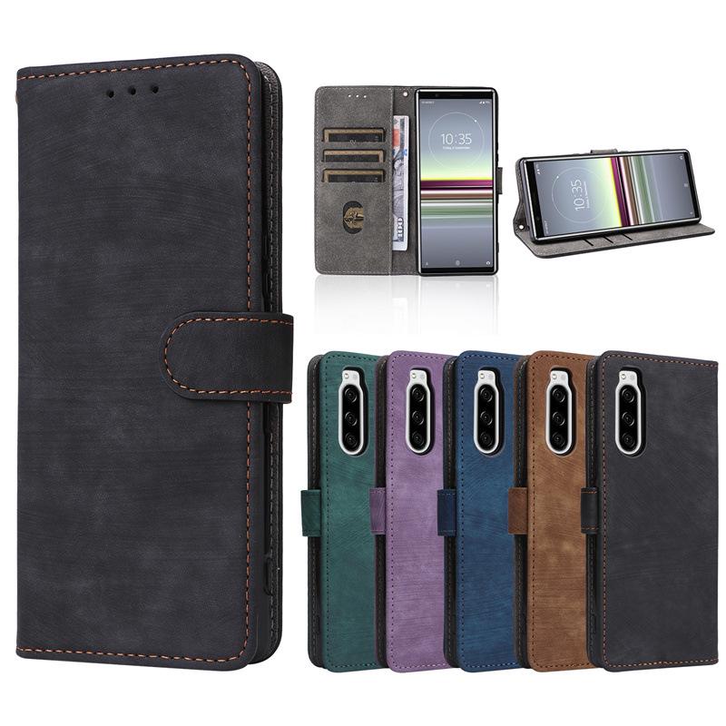 Compatible with Sony Xperia 5: Leather Phone Case with Card Slot, Bracket, and Lanyard.