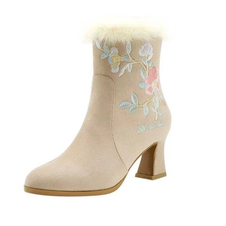 Embroidered Flower Women Leather Ankle Booties High Heeled Fur Lined Vintage Winter Boots for Ladies Short Boot