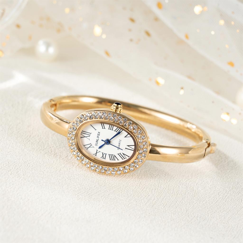 New Luxury Elegant ladies' Bracelet Wrist Watch Roman Numeral Inlaid Rhinestones Oval Waterproof Women's Quartz Watch Reloj